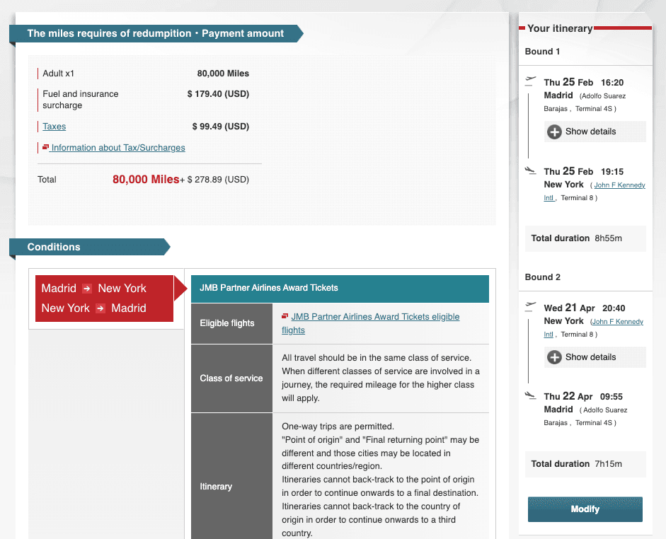 Iberia Business Class book with JAL Mileage bank