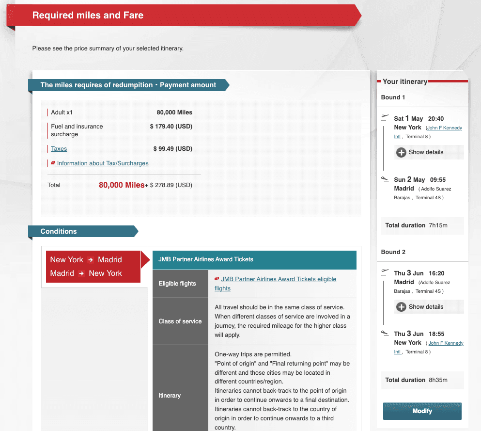 Iberia Business Class booking with JAL