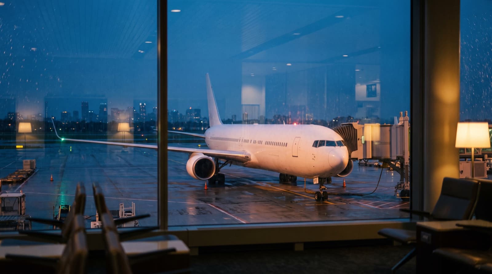 Wide-body airliner parked at an airport gate at blue hour seen from inside a quiet terminal